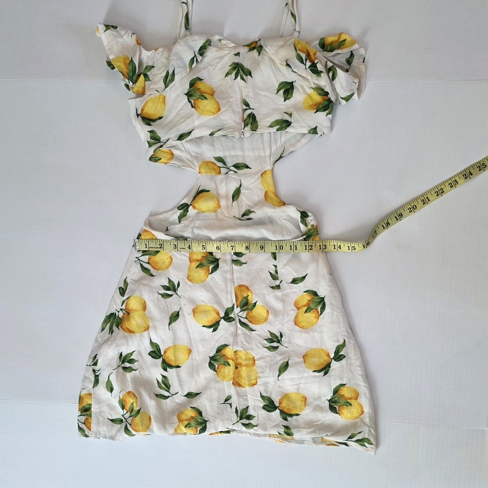 Lemon Print Mini Dress Cutout Off Shoulder Cottagecore Amalfi Coast Euro Summer - Picture 5 of 6